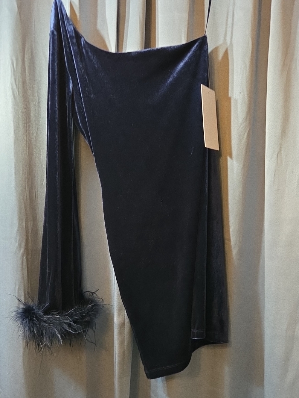 Black Velvet Asymmetric Dress with Feather Trim